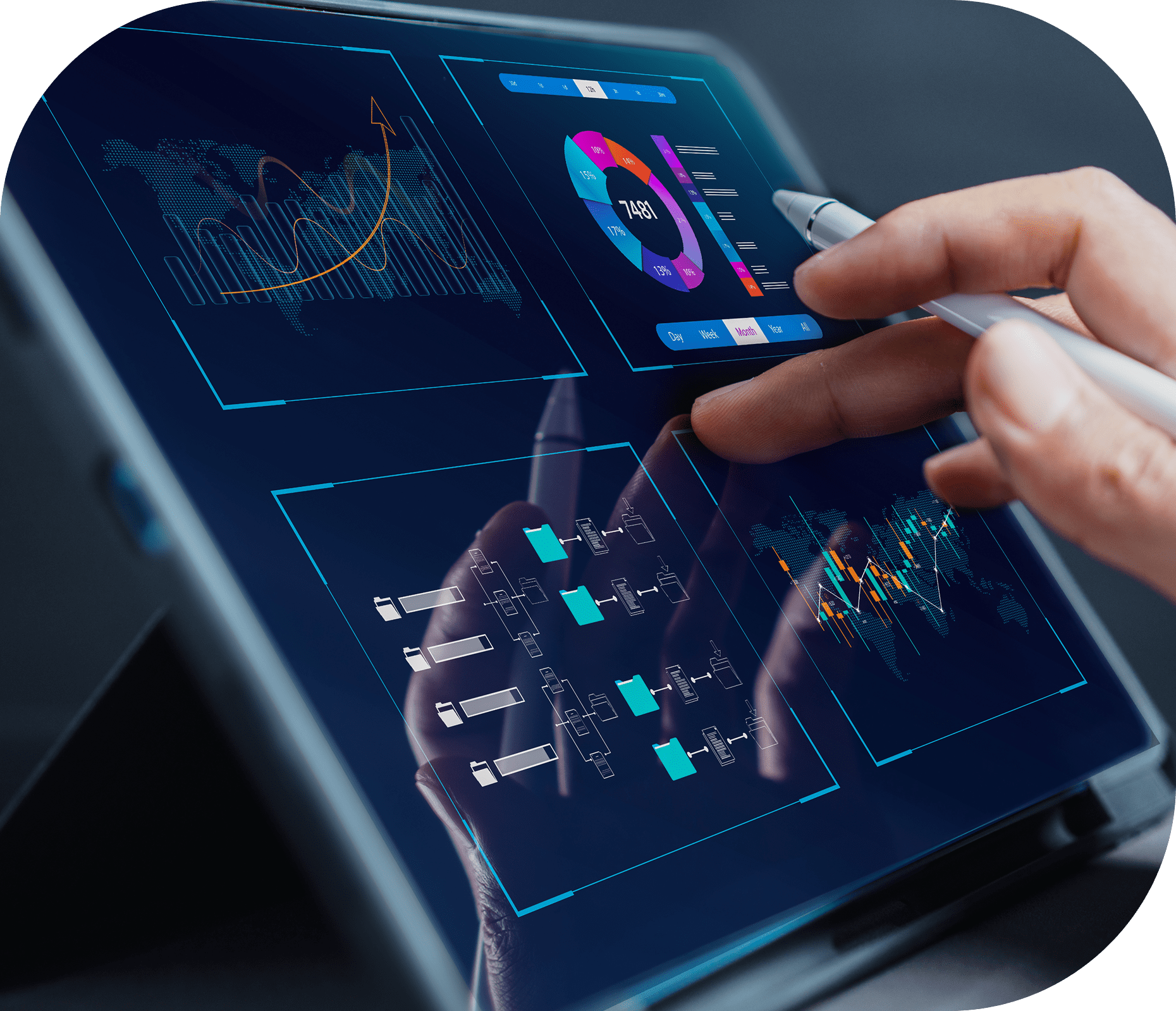 Touchscreen displaying data charts and graphs.